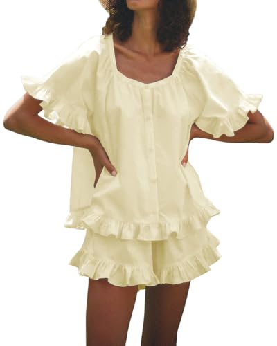 Image of Womens Ruffle Pajama Set Short Sleeve Button Down Top and Shorts | Cotton Ruffle Pajamas Set, Ruffle Shorts Set Women, 2 Piece Shorts Set for Women