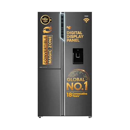 Image of Haier 592 L 3 Star Frost Free Expert Inverter Smart Sense AI enabled 3-Door Side by Side Refrigerator (HRT-683WGKU1, Graphite Black, Magic Convertible, In-built Water Dispenser, 2026 Model)