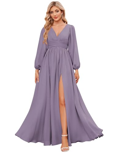 Women's Ruched Chiffon Long Bridesmaid Dress Long Sleeve V Neck Formal Evening Dress Side Split