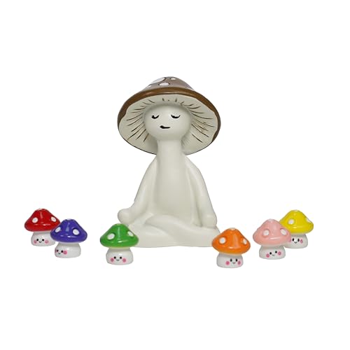 WLZGDFB Meditating Mushroom Man Statue with 6 Color Mushrooms, Cute Desk Decor for Office & Home, Unique Meditation, Garden & Room Decor Gift for Women & Men