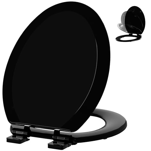 Image of Angol Shiold Slow Close Wood Toilet Seat（Black, Elongated 18.5''） | Durable enameled wood elongated toilet seat, adjustable non-slip hinges, anti-pinch bumpers, easy to install and clean