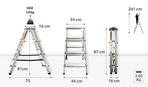 DRABEST Trittleiter Klapptritt Alu Leiter 2 x 4 Stufen Beidseitig Mehrzweckleiter Hausleitern bis 125 kg Belastbar Leiter