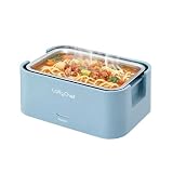 LoftyChef Portable 4 Cup Electric Heated Lunch Box, 33oz Food Warmer for Work& Travel, Leak-Proof Silicone Lid, Foldable Carry Handle, Removable Stainless-Steel Container & Detachable Power Cord, Blue