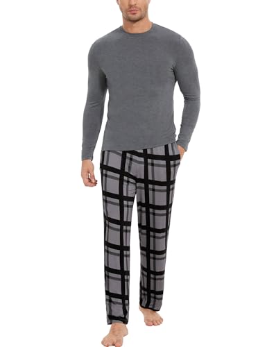 Image of GYS Bamboo Viscose Men's Pajama Sets Long Sleeve Plaid Loungewear Sets with Pockets