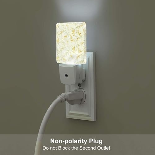 Image of Vintage Leaves Yellow Flowers Branches LED Plug-in Night Lamp 2 Piece Set, Auto Sensor Nightlights Set of 2 for Bedroom Bathroom