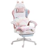 Dowinx Gaming Stuhl Ergonomisch mit Fußstütze, Katzenpfoten Gaming Chair aus Stoff, Flügelloses Sitzdesign, Verstellbarer Gamer Stuhl & PC Stuhl, Gaming Stuhl pink Katze, für Erwachsene,Farbe Weiß