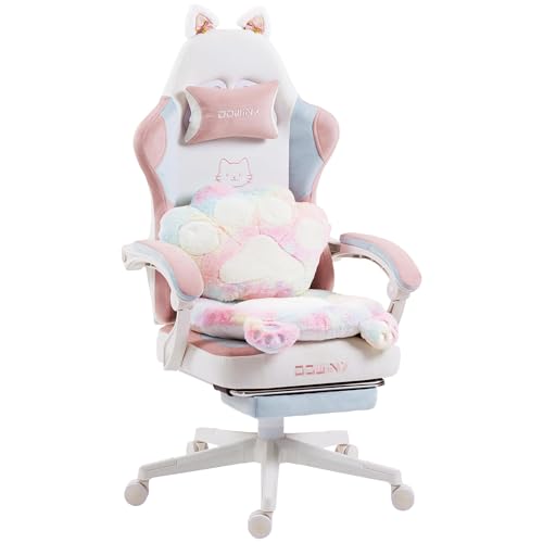 Dowinx Gaming Stuhl Ergonomisch mit Fußstütze, Katzenpfoten Gaming Chair aus Stoff, Flügelloses Sitzdesign, Verstellbarer Gamer Stuhl & PC Stuhl, Gaming Stuhl pink Katze, für Erwachsene,Farbe Weiß