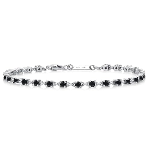 Gem Stone King Black Onyx Tennis Bracelet for Women in 925 Sterling Silver | 1.62 Cttw | Round 2.5MM | Gemstone December Birthstone | 7 Inch