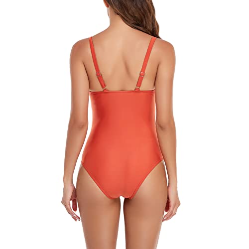 Image of Smismivo Women's Tummy Control Swimsuit One Piece Slimming Ruched Push Up Bathing Suit Vintage Padded Retro V Neck Swimwear