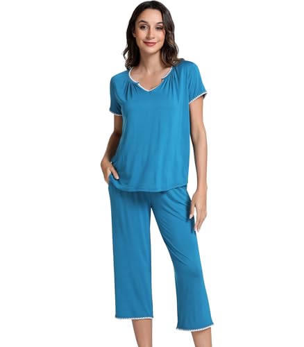Image of NACHILA Bamboo Viscose Women's Pajamas Set Short Sleeve Pjs and Capri Pants | Soft like cloud