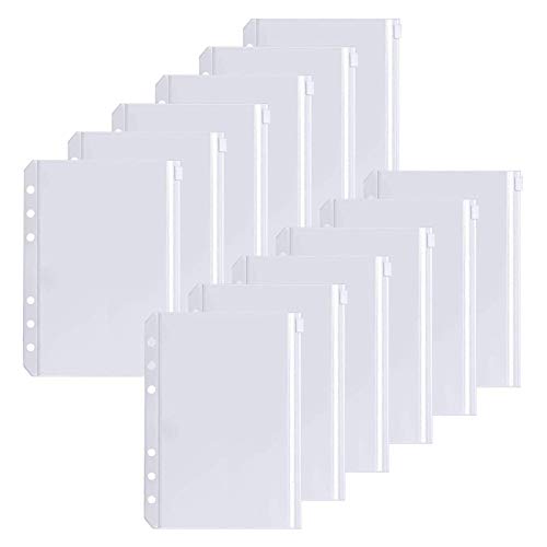 Toplive 12 PCS A5 Binder Pockets Document Wallet, Translucent 6-Hole Plastic Binder Zip Folder Waterproof PVC Loose Leaf Bags for Files Documents Notebooks Cards