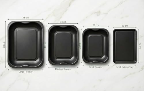 4-Pack Black Roasting and Baking Tray Set - Large Roaster (38cm), Medium Roaster (33cm), Small Roaster (28cm) & Small Tray (32cm) - Baking Tray Set Tray/Pan, Non-Stick, Multi-Pack - Dishwasher Safe - Image 3