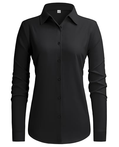 siliteelon Black Button Up Shirt Women Collared Long Sleeve Stain Shield Cotton Dress Shirts Wrinkle-Free Business Dressy Blouses Black M