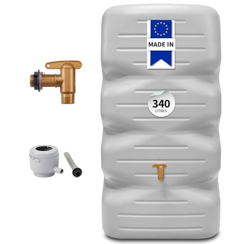 GARANTIA CUBUS cuve de Jardin kit Complet 340 litres Gris béton INCL. Robinet de Sortie en Plastique et raccord de Descente - récupérateur d'eau de Pluie...