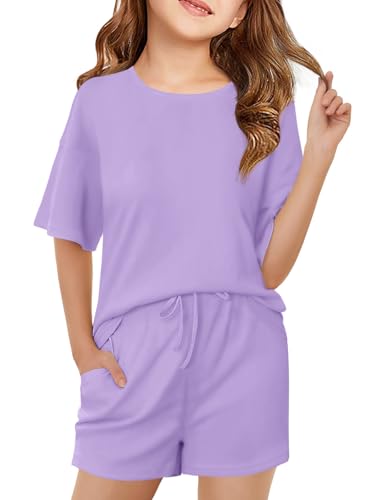Image of Haloumoning Girls Summer 2 Piece Outfits Kids Oversized T Shirts and Shorts Clothing Sets 5-14 Years
