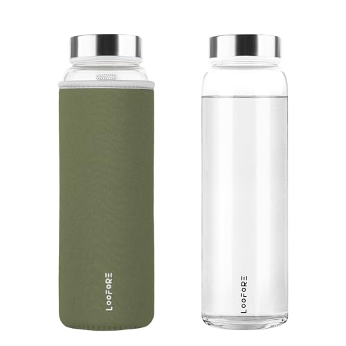 LOOFORE Botella de Cristal de 1 litro, 1L Botella de Vidrio de Borosilicato con Cubierta Protectora para Bebidas Frías y Calientes, Agua Reutilizable para Oficina, Deporte, Camping, Niños y Adultos