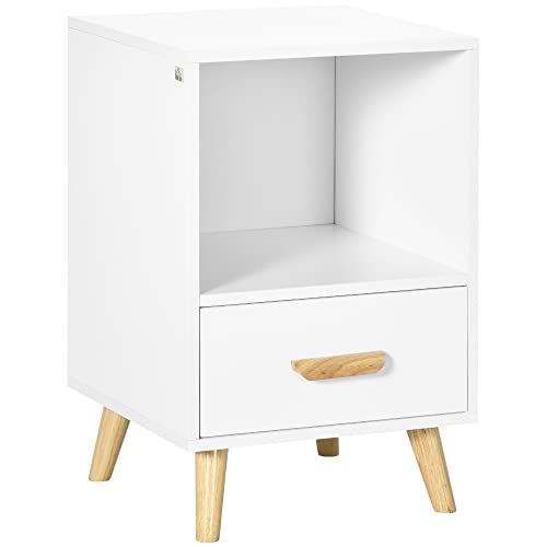 HOMCOM Mesa Auxiliar Moderna Mesita de Noche con 1 Cajón y Compartimiento de Almacenamiento Mesilla de Noche para Salón Dormitorio Cama 40x40x62 cm Blanco