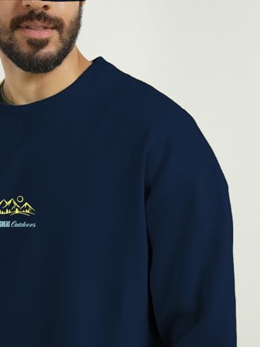 Image of Nobero Men's Graphic Printed Oversized Sweatshirt | Cotton Rich Fleece Round Neck Pullover | Relaxed Fit Casual Winter Wear for Men