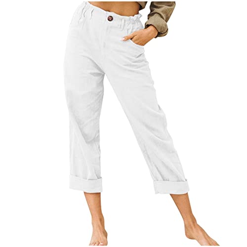 Cotton Linen Pants Women Elastic High Waist Solid Casual Baggy Trousers Straight Leg Comfy Summer Pants with Pockets White M