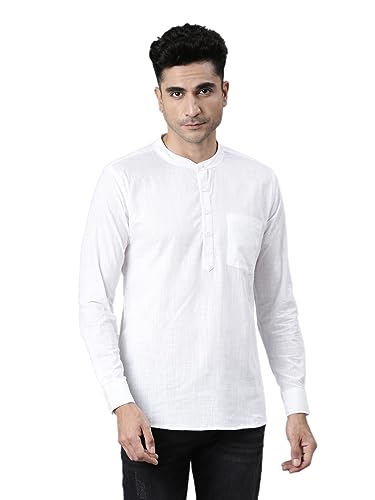 Image of KRYPTIC Men's Full Sleeve Regular Fit Short Kurta in Premium Pure Cotton with Patch Pocket and Mandarin Collar - Perfect Blend of Style and Comfort