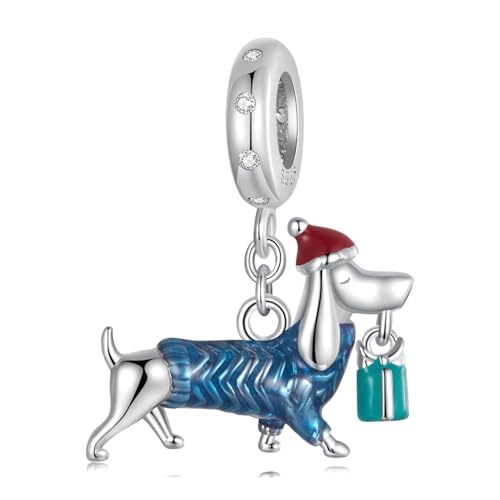 Charm Cane Bassotto di Natale in Argento Sterling 925, Carini Cuccioli, Ciondolo Adatto per Bracciale e Collana Pandora per Donne