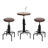 Mendler Juego de mesa de bar + 2 taburetes de bar HWC-N23, mesa alta regulable y giratoria, hierro industrial, madera, piel sintética, color marrón y negro
