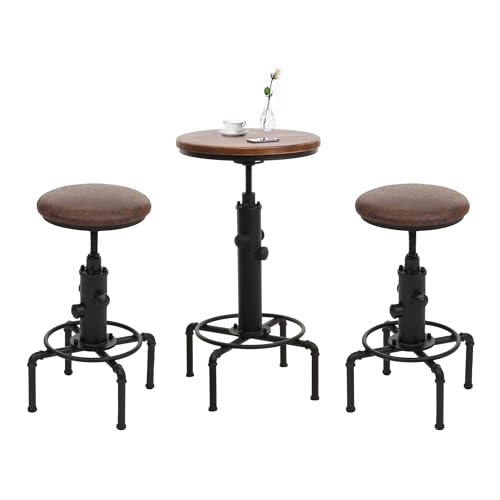 Mendler Juego de mesa de bar + 2 taburetes de bar HWC-N23, mesa alta regulable y giratoria, hierro industrial, madera, piel sintética, color marrón y negro