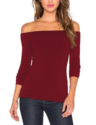 Image of Sarin Mathews Women's Sexy Off The Shoulder Tops Long Sleeve Slim Fit Stretchy Shirts Blouses Top