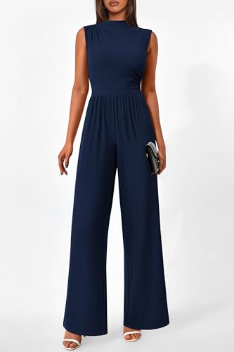 Image of PRETTYGARDEN Women's Summer Dressy Casual Jumpsuits | Cozy Ribbed Fabric, Sleeveless Mock Neck, Back Zipper, Pockets, Wide Leg Pants Rompers, Fashion Clothing, One Piece Outfits