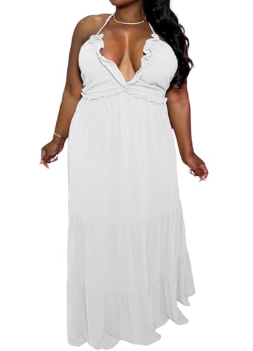 Image of TOPSRANI Womens Sleeveless Maxi Dress Halter Casual Backless Smocked Tiered Ruffle Flowy Sexy Slip Sling Strap Dresses