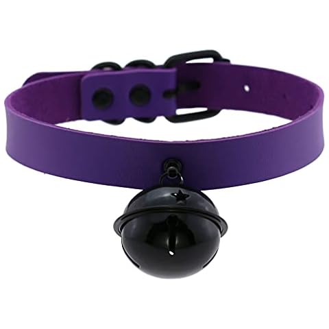 FM FM42 Purple PU Simulated Leather Black-tone 4cm Large Bell Adjustable Collar Choker Necklace Cover