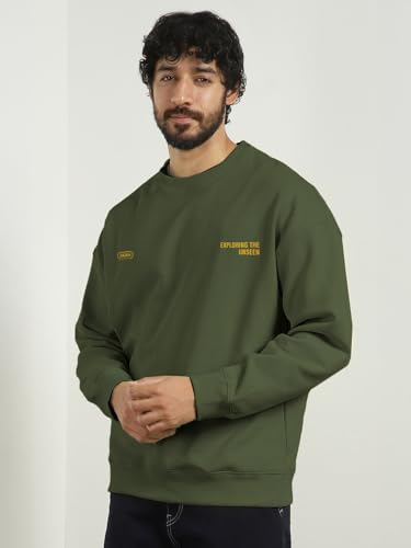 Image of Nobero Men's Graphic Printed Oversized Sweatshirt | Cotton Rich Fleece Round Neck Pullover | Relaxed Fit Casual Winter Wear for Men