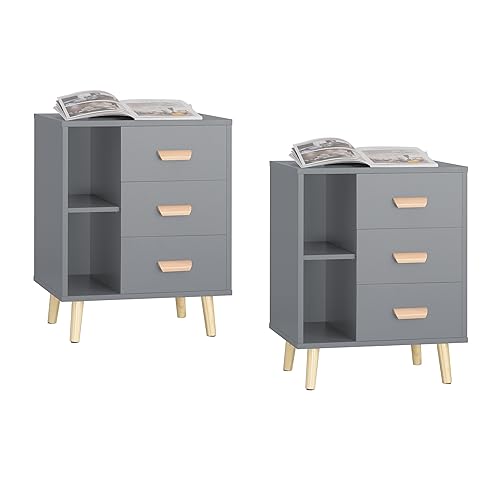 SoBuy Set de 2 Mesita de Noche con 3 cajones y 2 estantes, Mesa Auxiliar, Moderno Mesa de Noche Dormitorio, 48 x 40 x 60 cm, Gris, FBT95-HGx2