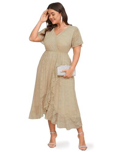 Image of SCOMCHIC Womens Plus Size Wedding Guest Dress Formal Lace Wrap V Neck High Low Short Sleeve Cocktail Maxi Dresses XL-4XL