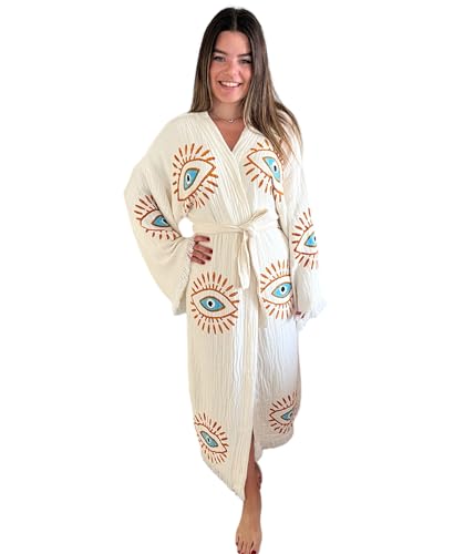 Handmade Evil Eye Kimono - Women Beach Cover Up - Festival Bohemian Robe - Boho Cotton Cardigan - Dressing Gown2