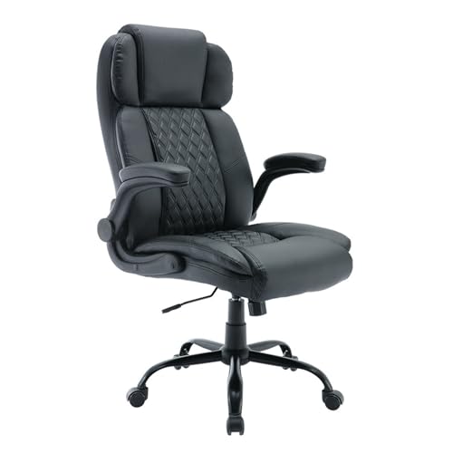 Ergonomic Executive Office Chair with Bonded Leather Flip up Armrests Adjustable Height Tilt and Lumbar Support Pursue Happiness.