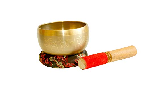 Bol chantant tibétain - Design mantra de paix avec maillet et coussin en soie - Favorise la paix, la guérison des chakras et la pleine conscience - Pour le yoga, la méditation, la prière bouddhiste Cover