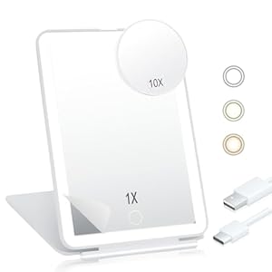 Koolstuffs Travel Mirror with 10X Magnifying Mirror, 2500mAh Rechargeable Light up Makeup Mirror with 72 LED Lights, 3 Colors Light Modes USB Portable Mirror with Dimmable Touch Screen