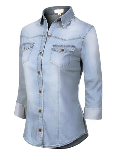 Design by Olivia Women's Roll up Sleeve Button Down Chambray Denim Shirt2