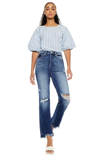 Kan Can Women's High Rise Distressed Slim Straight Jeans