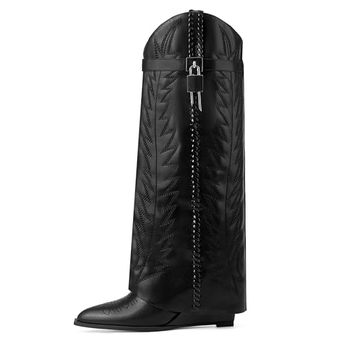 Fold Over Knee High Black Women's Boots, Embroidered Western Cowboy Denim Pointed Toe Wedge Heels, Women's Wide Calf Pull On Pant Tall Shark Boots with Padlock