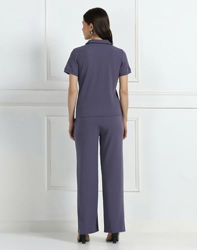 Image of Selvia Solid Two-Piece Co-Ord Set for Women, Top & Wide-Leg Trouser Pants