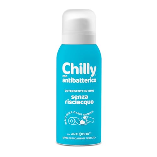 Chilly Senza Risciacquo, Detergente Intimo Senza Risciacquo Antibatterico, Da usare sulla Carta Igienica, Protezione igienizzante, Formula in Mousse a pH5, Con Anti-Odor, Clinicamente Testato - 100ml