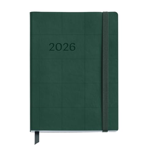 Miquelrius - Agenda 2026 semana vista, Flexible y fácil de llevar (122 x 168 mm), Cubierta cosida suave tipo piel, Papel 80 g/m², Planificación semanal, Español-EN-PT, Cuadros verde
