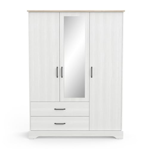 CaliCosy Armoire 3 Portes, 1 Miroir et 2 Tiroirs- Blanc- Fabrication Française- Style Contemporain- pour Chambre- L148,6 cm x l57,1 cm x H199,60 cm