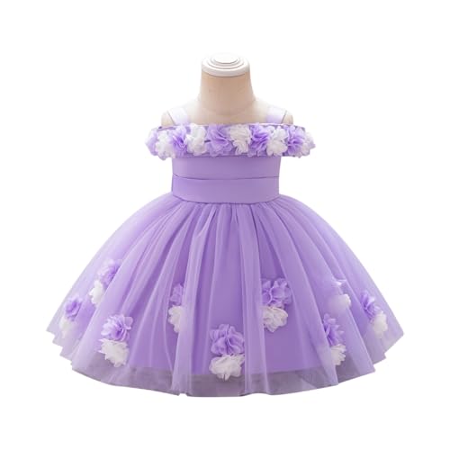 Toddler Girls Floral Tulle Dress Off Shoulder Princess Party Gown with 3D Flowers for Birthday Wedding Events