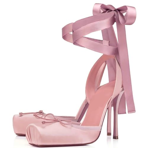 Meefit Satin Ballet Shoes Stiletto High Heels Closed Square Toe Ballerian Pumps with Bow Tie Lace Up Spring Heels2