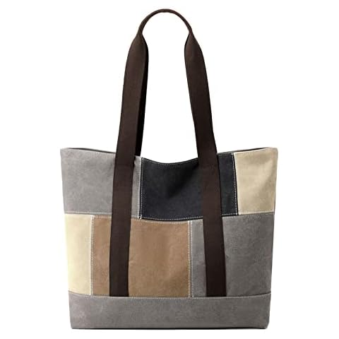 ZHIERNA Women Canvas Work Tote Laptop Purses Handbag Multicolor Square Splice 2022, Brown, Multicolor Cover