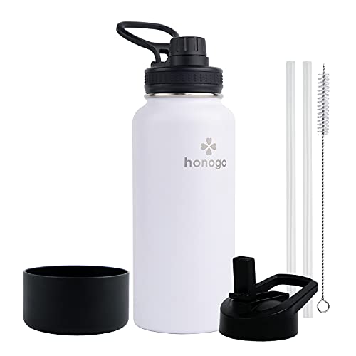 honogo 32 oz Powder Coated Double Wall Vacuum Insulated Sports Water Bottle, 18 8 Stainless Steel Wide Mouth Thermos Flask with Straw Lid & Spout Lid, Leak Proof, Sweat Free, BPA Free (White, 32 oz)