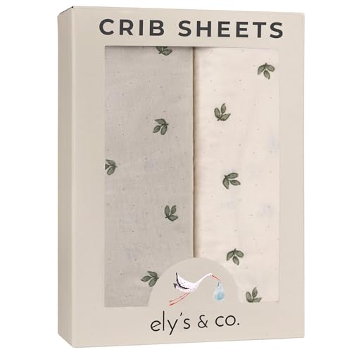 Image of Ely’s & Co. Crib Sheets Baby Girl/Boy Fitted Crib Mattress Sheet Set, 2 Pack, 100% Jersey Knit Cotton, Infant and Toddler Nursery Bedding, Neutral Taupe and Cream with Sage Vintage Print, 28” x 52”